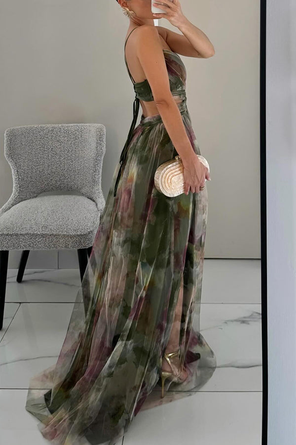 Everly - Elegant Printed Lace-Up Maxi Dress