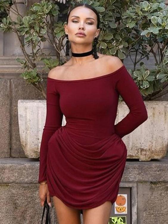 Vita Di Palma™ | Off-Shoulder Long Sleeve Pleated Waist Mini Dress