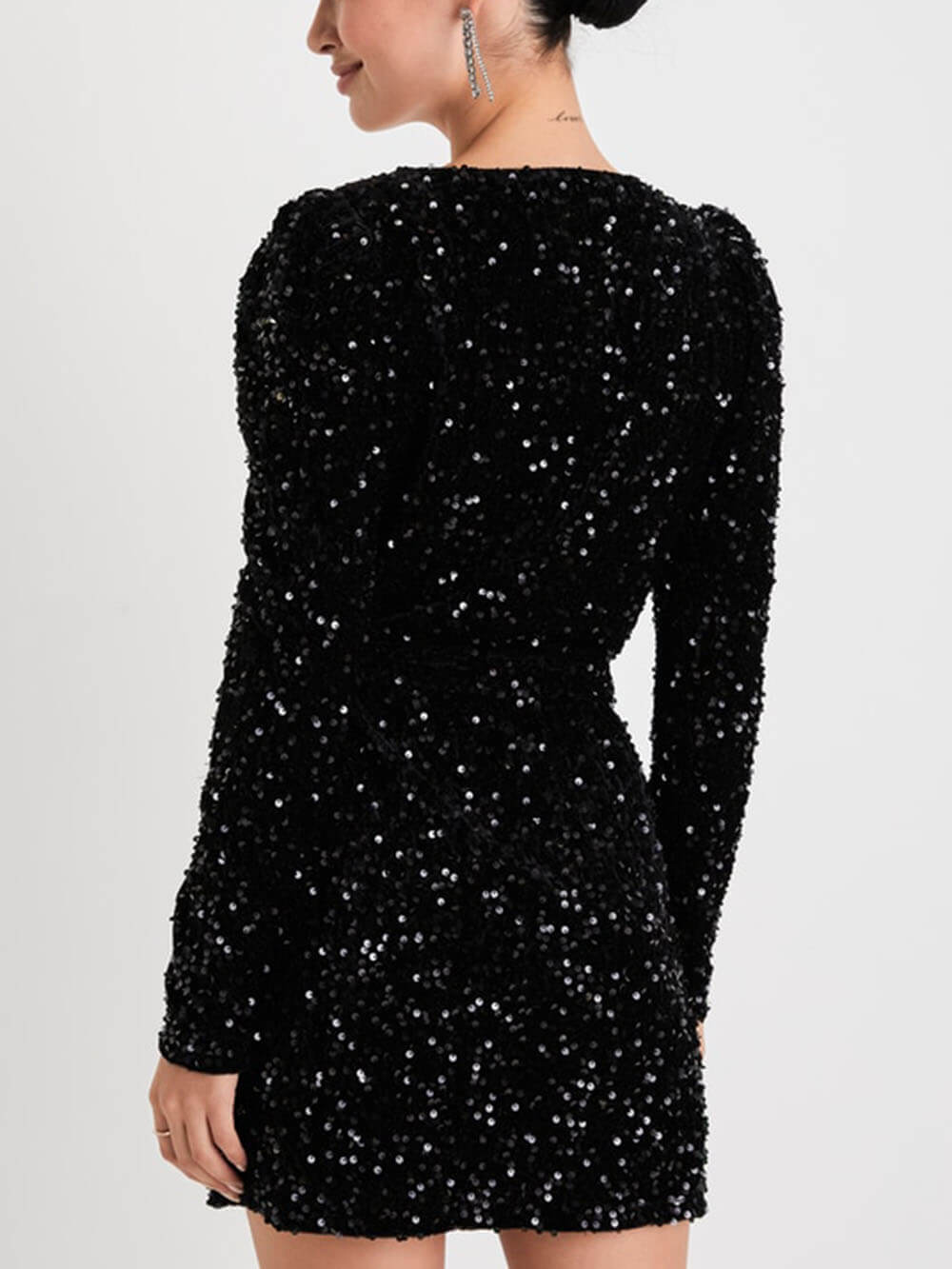 Vita Di Palma™ | Black Sequin Velvet Long Sleeve Wrap Mini Dress