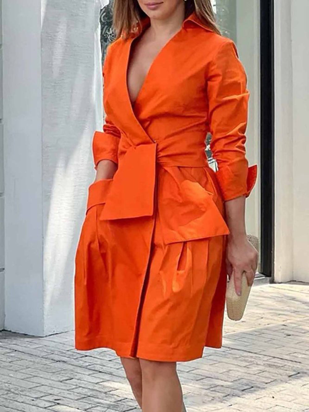 Vita Di Palma™ | Orange Draped Cotton Wrap-Shirt Dress