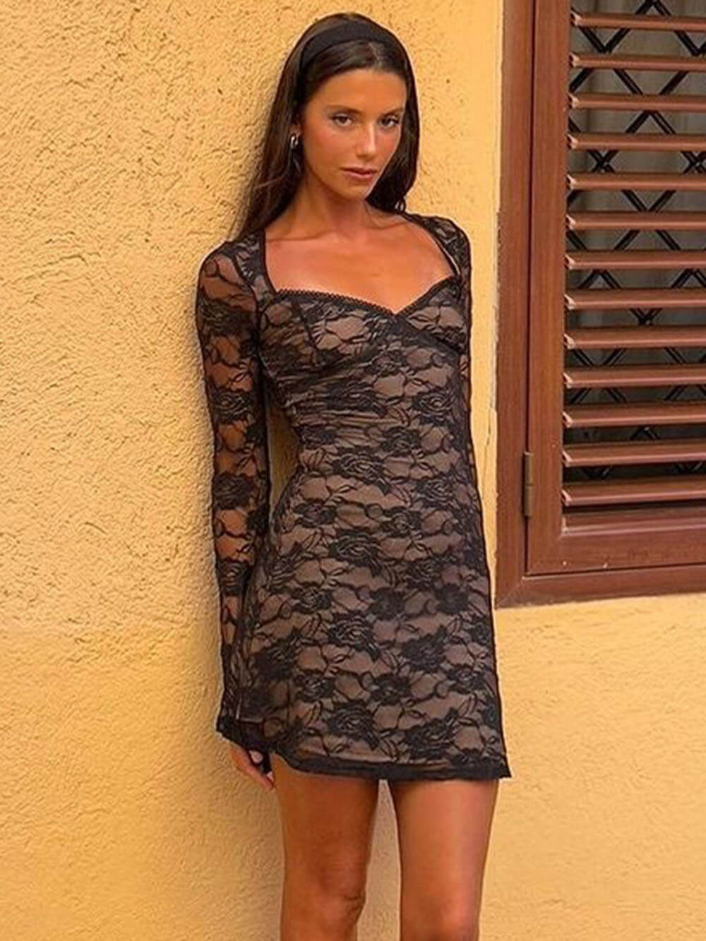 Vita Di Palma™ | Lace Print U Neck Long Sleeve Mini Dress