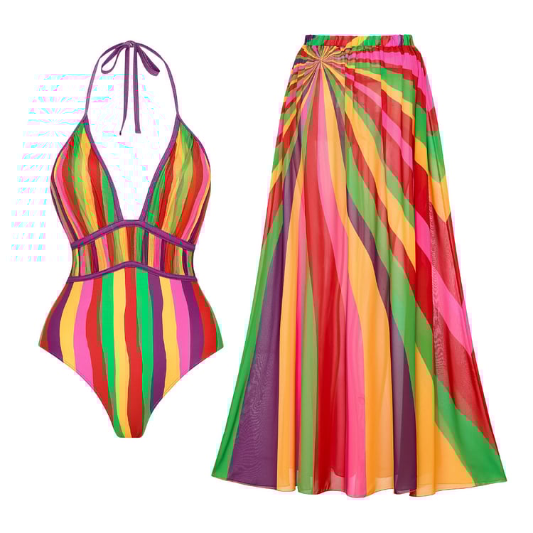 Vita Di Palma™ | V Neck Halter Rainbow Stripes Print One Piece Swimsuit Set