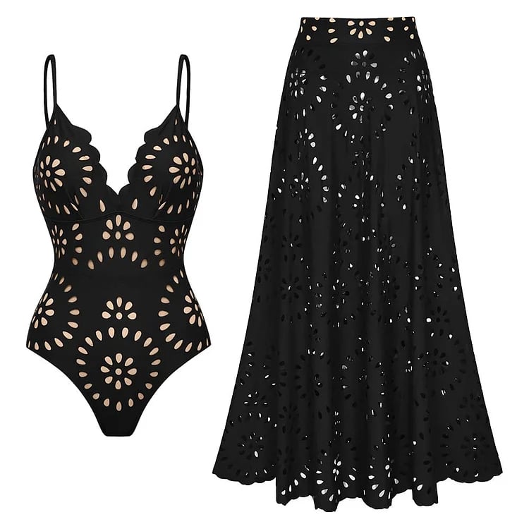 Vita Di Palma™ | Laser Cutting Flower Hollow Flared Skirt Swimsuit Set
