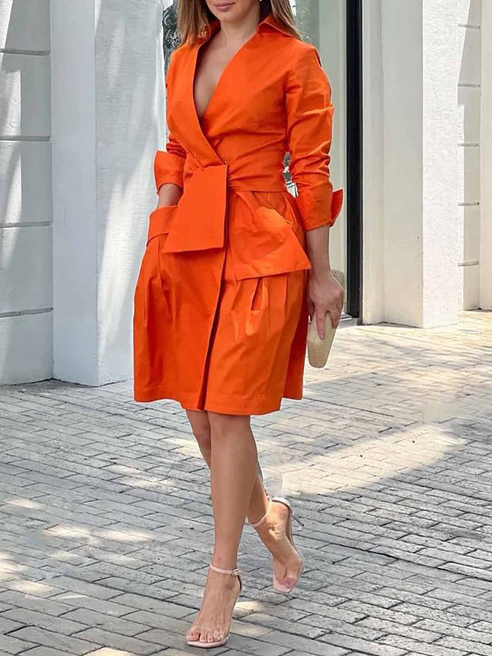 Vita Di Palma™ | Orange Draped Cotton Wrap-Shirt Dress