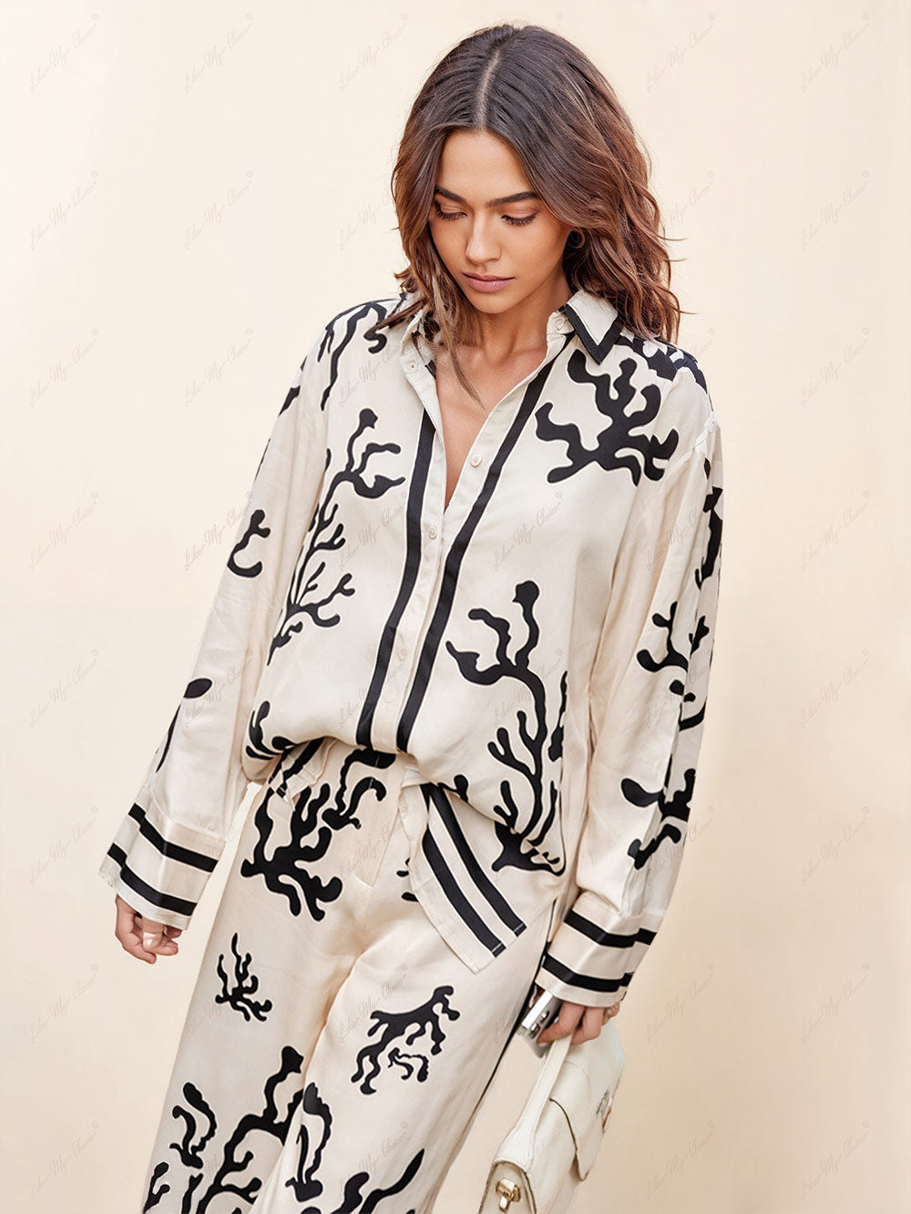 Wide leg trouser set with silhouette print
