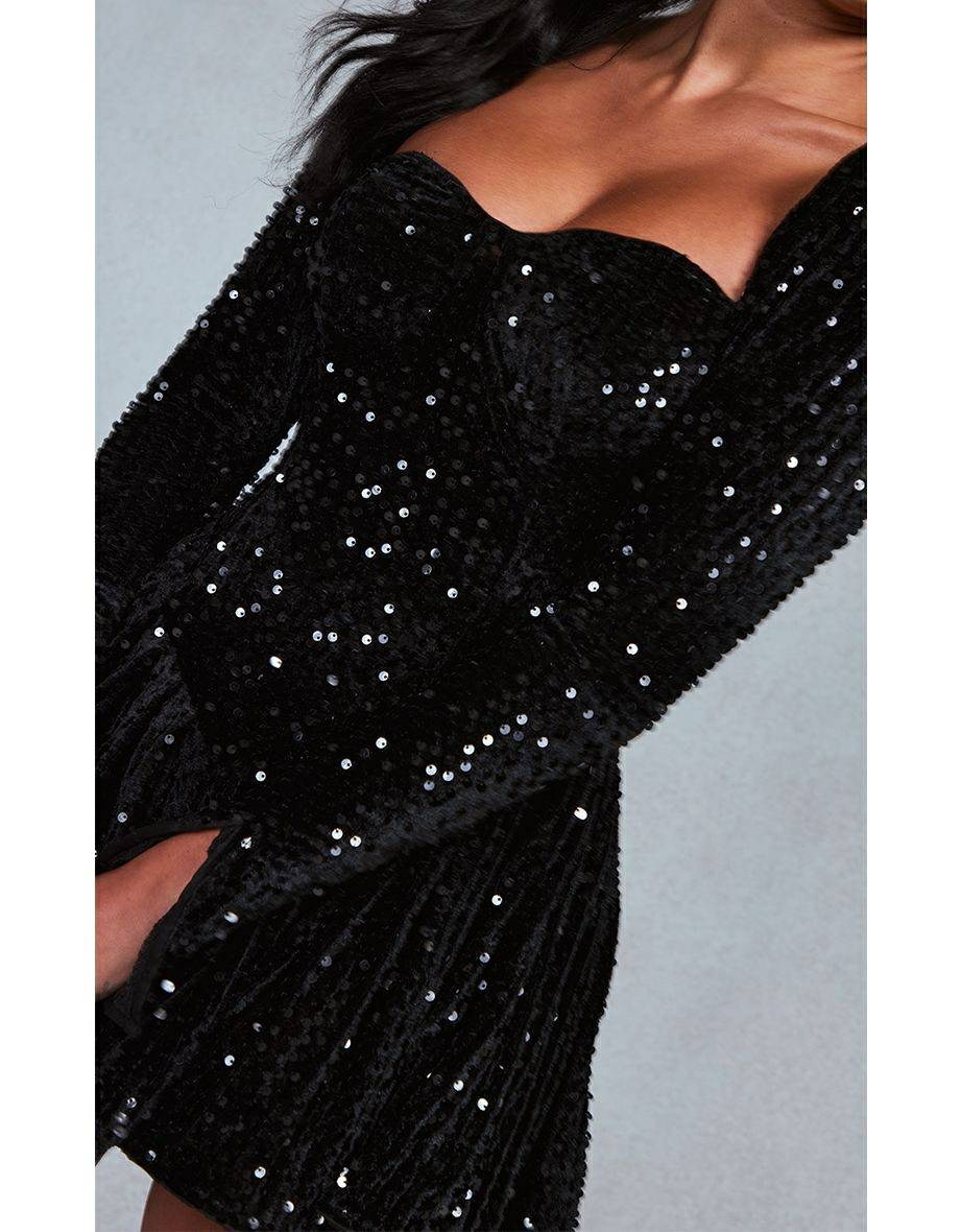 Vita Di Palma™ | Black Sequin Cup Detail Long Sleeve Skater Mini Dress