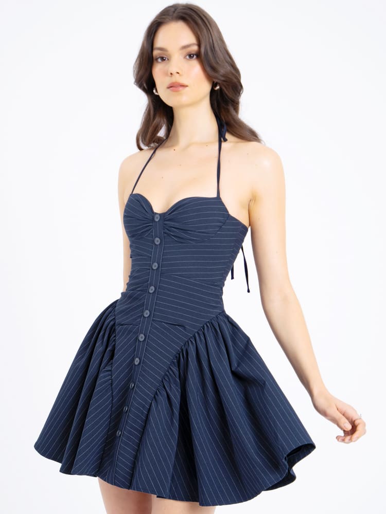 Vita Di Palma™ | Navy Blue Pinstripe Halter Low-Waist Mini Dress