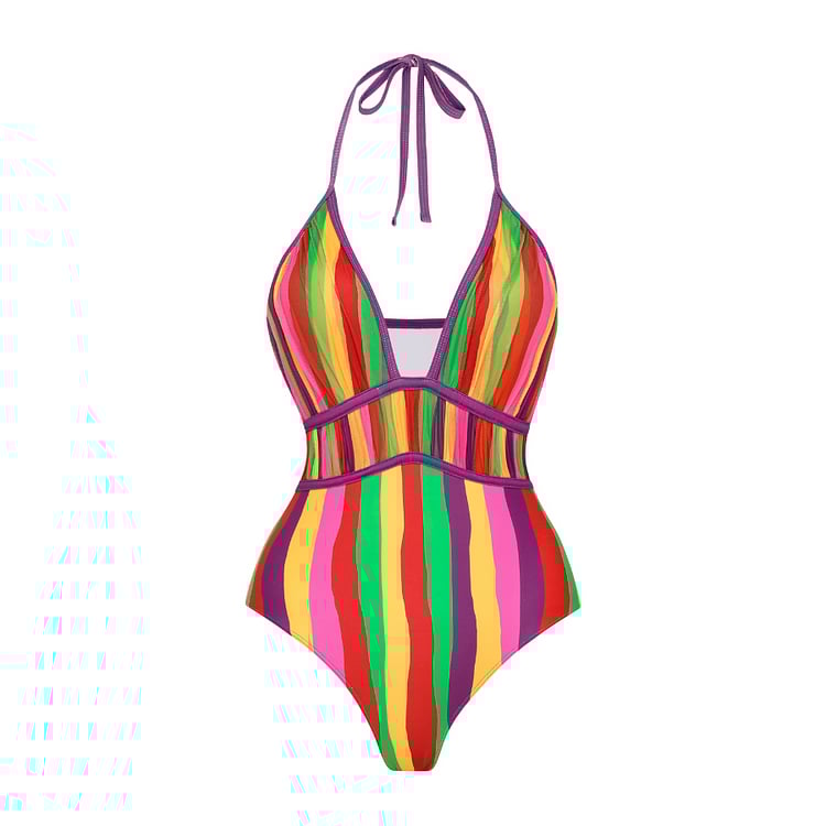 Vita Di Palma™ | V Neck Halter Rainbow Stripes Print One Piece Swimsuit Set
