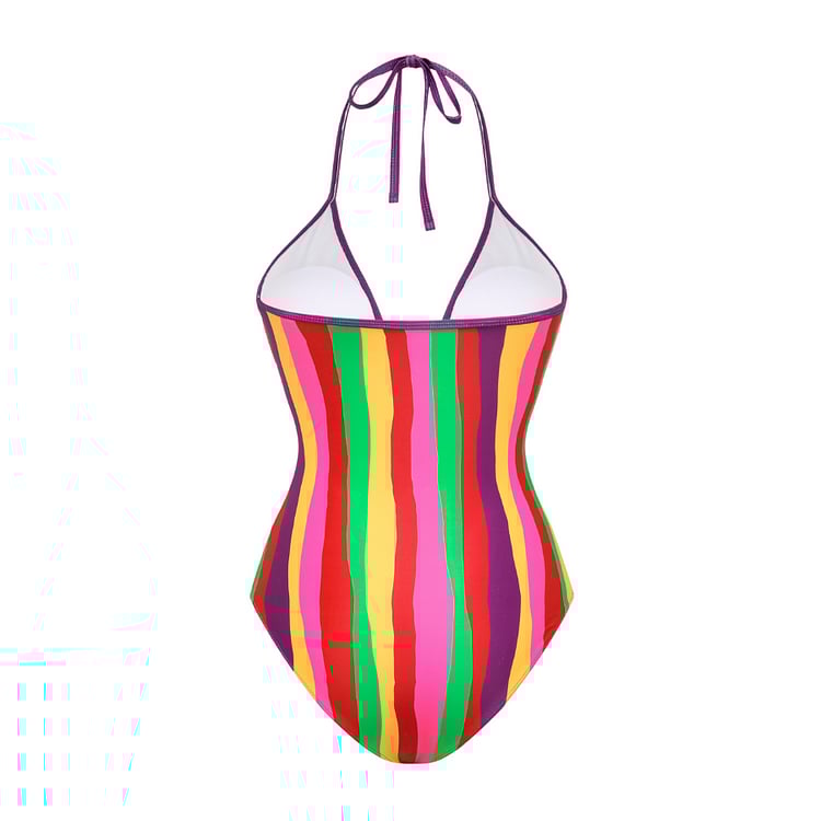 Vita Di Palma™ | V Neck Halter Rainbow Stripes Print One Piece Swimsuit Set
