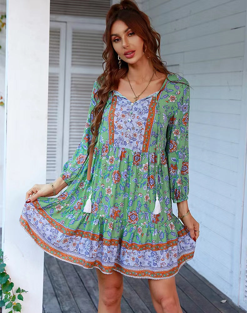 Vita Di Palma™ | V-neck Printed Casual Bohemian Short Dress