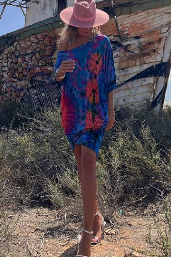 Vita Di Palma™ | Tie-dye Print Mini Dress Stretch Oversized Kaftan