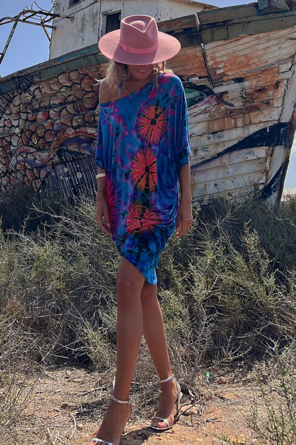 Vita Di Palma™ | Tie-dye Print Mini Dress Stretch Oversized Kaftan