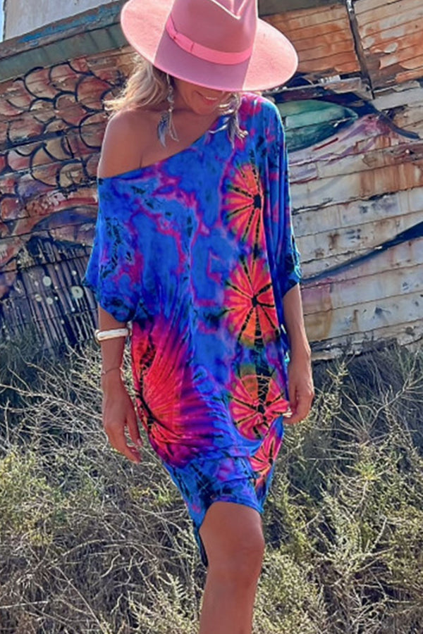 Vita Di Palma™ | Tie-dye Print Mini Dress Stretch Oversized Kaftan