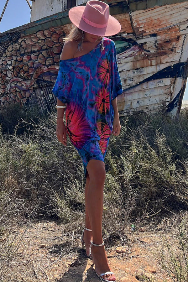 Vita Di Palma™ | Tie-dye Print Mini Dress Stretch Oversized Kaftan